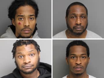 Bridgeport residents Tyrone Allen, 46 (top right), Jermaine Bethel, age 27 (bottom left), Kareen Porter, age 24 (bottom right), and Meriden resident Andy Marte, age 29 (top left), all face burglary and weapon charges.