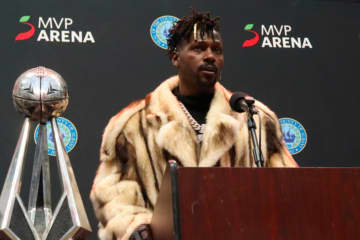 Antonio Brown addresses reporters at a press conference held at MVP Arena in Albany in March 2023.