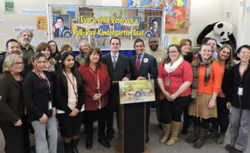 State Sen. David Carlucci (center left) and State Sen. Jeff Klein (center right) with supporters of full-day kindergarten.
