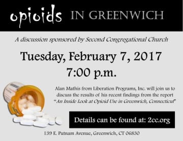 Alan Mathis of Liberation Programs will  speak on the subject of opioid use in Greenwich on Tuesday, Feb. 7, at Second Congregational Church in Greenwich.