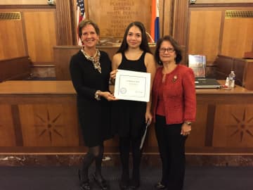 From left, Hon. Sheila Marcotte, Eastchester High School junior Victoria Muriel and Lucrezia Lindia at an Oct. 19 ceremony with the Westchester County Board of Legislators.
