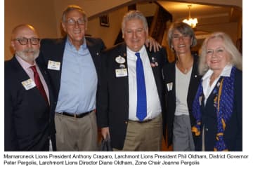 Mamaroneck Lions Club President Anthony Crapero, Larchmont Lions Club President Phil Oldham, District Governor Peter Pergolis, Larchmont Director Diane Oldham, and Zone Chair Joanne Pergolis.