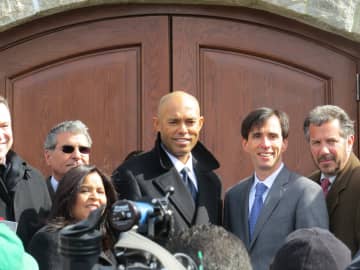 Yankees legend Mariano Rivera with New Rochelle Mayor Noam Bramson and City Manager Charles Strome.
