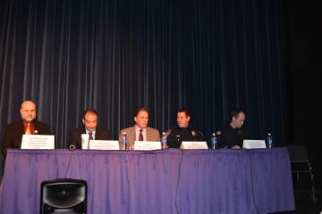 Left to right: Panelists David Zuckerberg, Anthony Molea, Tom Riccio, Kris Marco and Andrew Llewellyn. Marco is with enforcement for the county's Taxi and Limousine Commission, while Llewellyn is John Jay's school resource officer.