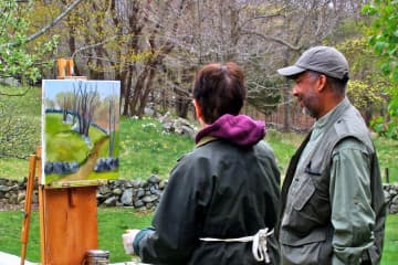Greenwich artist Dimitri Wright admires the outdoor artwork of a fellow artist at Weir Farm National Historic Site in Ridgefield and Wilton. 