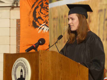 Valedictorian Mimi Zimmer addresses her class at the Mamaroneck High School commencement.