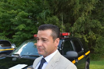 New York State Police Investigator Joseph Becerra speaks with the media about the stabbing.
