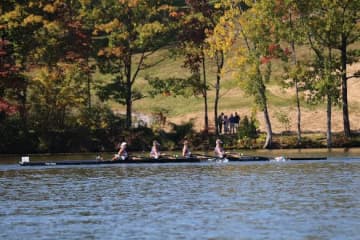 Patrick Lyon from Wilton (cox), Liam McDonough from Pound Ridge, Brian Helms from Norwalk, Greg Bauerfeld from Wilton and Kris Petreski from Pound Ridge compete for Norwalk River Rowing.