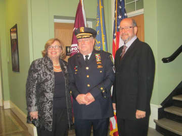 Town Supervisor Susan Donnelly, Village Police Chief Joseph Burton and Village Mayor Bill Hanauer at a press conference in Ossining.