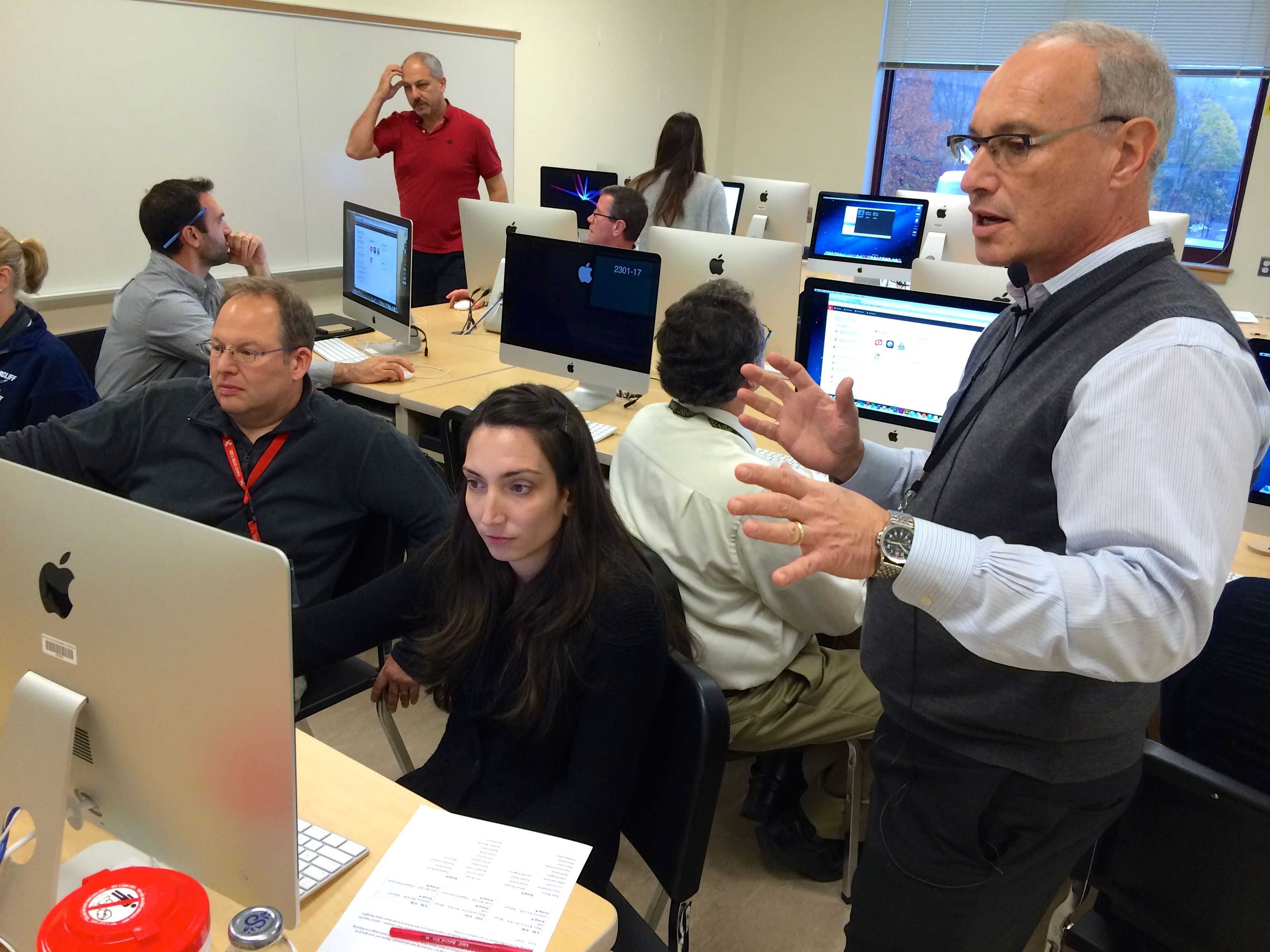Music teacher Marc Tartell showed Briarcliff Middle School colleagues how technology improves teaching in the Briarcliff Middle School Music Lab.