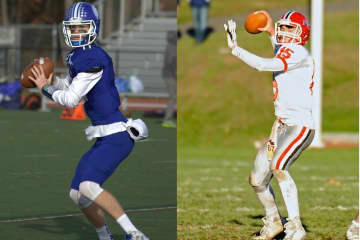 Darien quarterback Pete Graham (left) and New Canaan's Mike Collins will lead their teams into Thursday's FCIAC title game at Boyle Stadium in Stamford. Both teams enter the game undefeated.