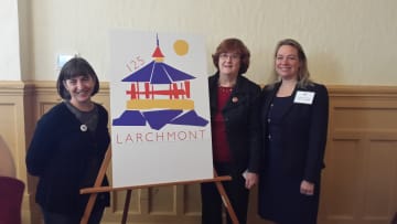 Winning artist Sue Girardi-Sweeney, left, with her Larchmont 125 Logo. Mayor Anne McAndrews and Westchester County Legislator Catherine Parker of Rye are to the right. The 125th anniversary celebration is Sept. 23-25.