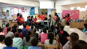 The HEART group talks to students at Brookside Elementary in Norwalk.