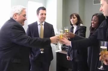 Tuckahoe Mayor Steve Ecklond welcomes officials from Hertz with a toast in their honor.