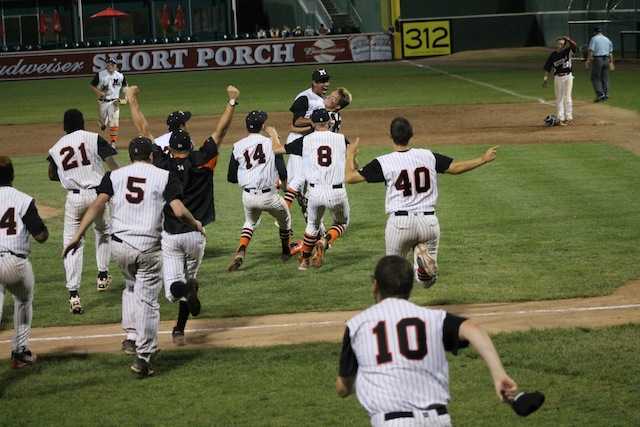 The Mamaroneck High School baseball team celebrates its 8-6 victory over Roy C. Ketcham on Saturday to take the Section 1 Class AA title. The Tigers' advanced to the State quarterfinal playoff game on Friday.