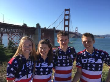 Five Westchester County teens finished a bike relay for pediatric cancer research at the Golden Gate Bridge last week. From left are: Erika Feldman, Cassidy Marriott, Tustin Neilson, William Marriott. Not pictured is Jean Mpalomby.