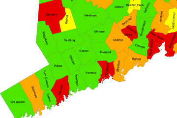 This map shows Fairfield County's towns ranked in UConn's study of "food security." Towns in green are in the top quarter, yellow towns have above-average security, orange towns are below average and red towns are in the bottom 25 percent. 