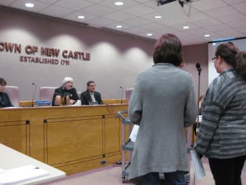 Residents Eileen Gallagher and Paula Gorkin speak Wednesday night to the New Castle Town Board about coyotes in Chappaqua. 