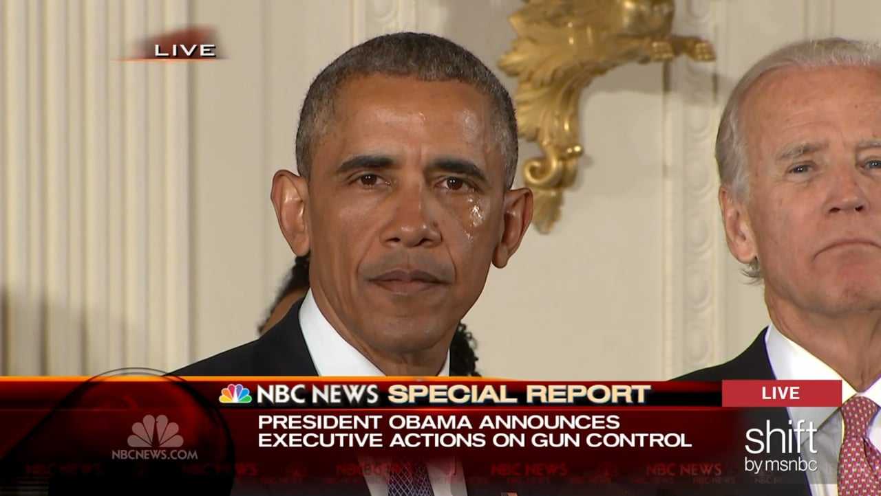Tears stream down President Barack Obama's face as he issues executive actions on gun control during a press conference Tuesday.