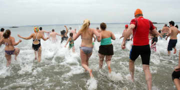 Swimmers take a chilly dip in Long Island Sound on Friday as part of the 13th annual Ray's Polar Plunge in Rye.