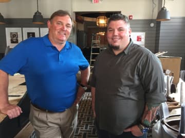 Left to right: Les Barnes, Saltaire owner, and Chef Bobby Will pose prior to the restaurant's 2015 opening.