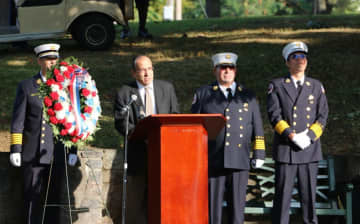 Tarrytown Mayor Drew Fixell at the 911 Memorial held Sept. 12 at Patriot's Park on the Tarrytown, Sleey Hollow border.