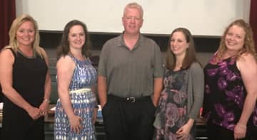 New Milford Public School Teachers of the Year are shown, from left, Joanna Westbrook, Caitlin Knappenberger, Walt Pevny, Jenna Robalino, and Dana Harvey.