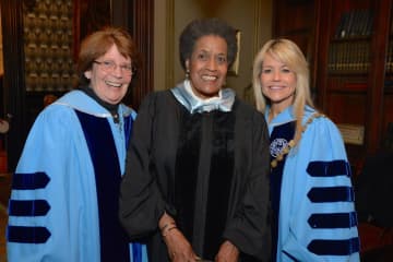 From left, Elizabeth Bell LeVaca, chair of the board of trustees, The College of New Rochelle; Myrlie Evers-Williams; and Judith Huntington, president, The College of New Rochelle.