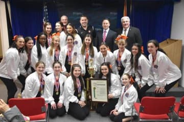 Westchester County Executive and Tuckahoe Mayor Steve Ecklond with the national champion Tiger cheerleaders.