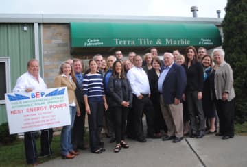 About 25 local leaders and business owners celebrated the first solar installation by a local business, Terra Tile, as part of the Solarize Ossining-Briarcliff campaign.
