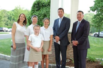 From left, Dr. Jo-Ann Maroto-Soltis; Sister Colleen Therese Smith; Julia Cirone: Grace Soltis; Dr. John Murphy, President and Chief Executive Office, Western Connecticut Health Network; and Anthony Cirone.