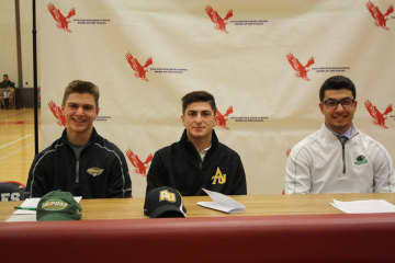 Eastchester High School athletes John Blume, who is heading to LIU Post (DII) to play on its lacrosse team; John Arcidiacono, who will play lacrosse for Adelphi University (DII) and Greg Satriale who will play baseball for Binghamton University (DI).