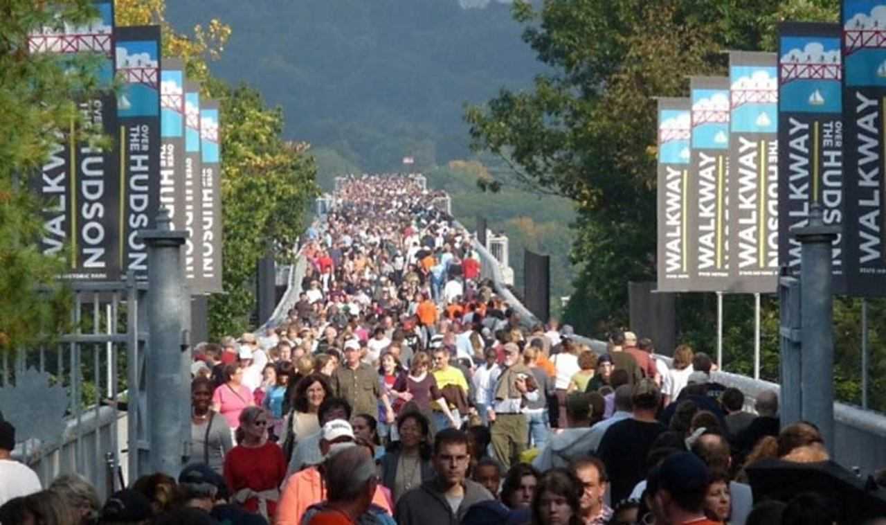 Walkway Over the Hudson in Poughkeepsie is a 1.28-mile elevated pedestrian span offering views of the Hudson River.