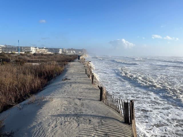 The beach in North Wildwood, NJ, inundated by waves in January 2024.