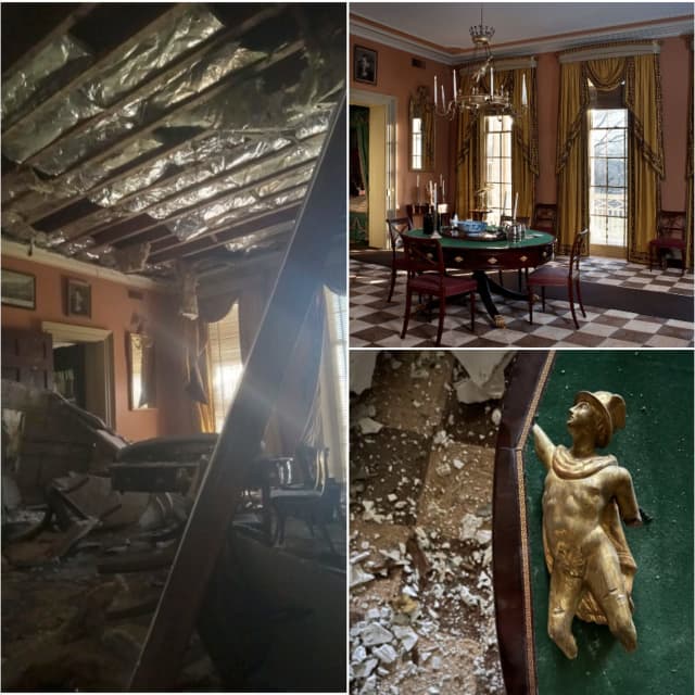 The plaster ceiling in Boscobel's historic library collapsed without warning, causing major damage to the room, its contents, and adjacent rooms.&nbsp; &nbsp; &nbsp;