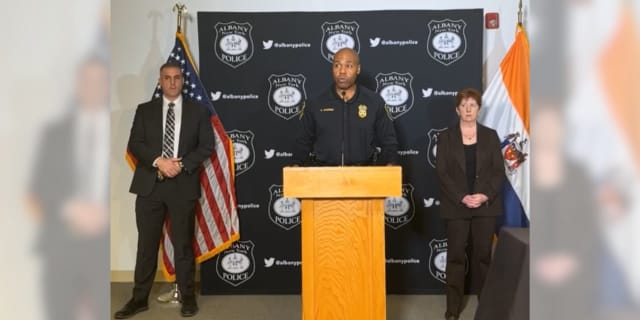 <p>Albany Police Chief Eric Hawkins updates reporters on an officer-involved shooting in Albany on Thursday, April 18.&nbsp;
  
</p>