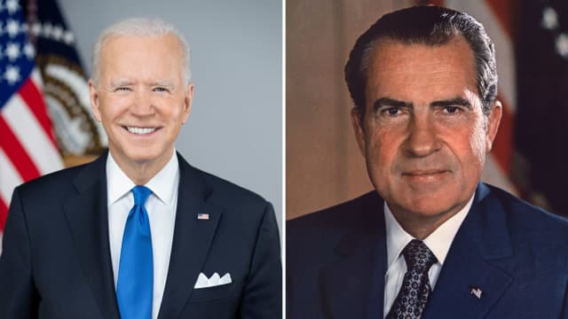 Presidents Joe Biden (left) and Richard Nixon (right).&nbsp;