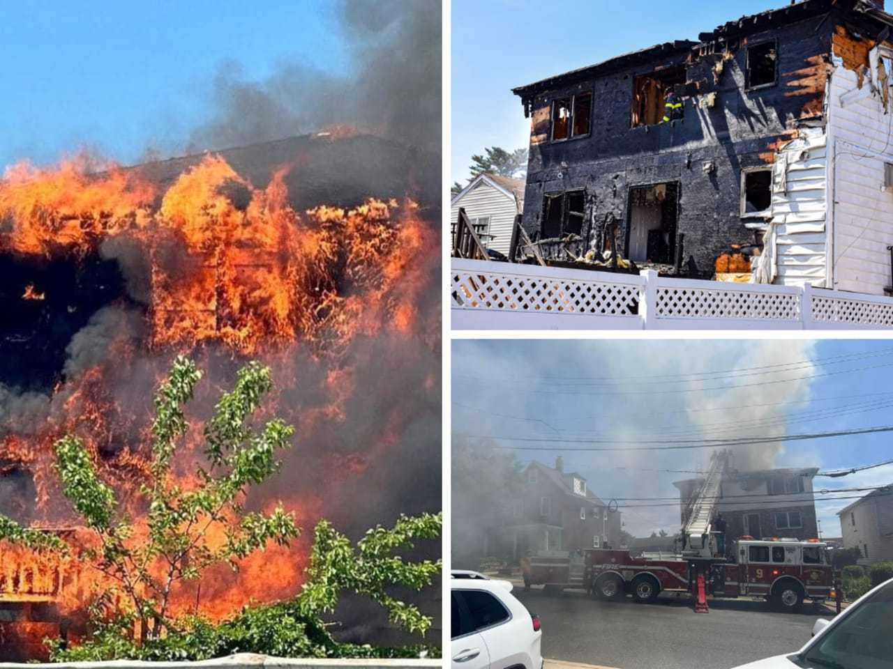 A two-alarm fire tore through a residence on West William Street in Port Chester, injuring two firefighters who helped put it out.